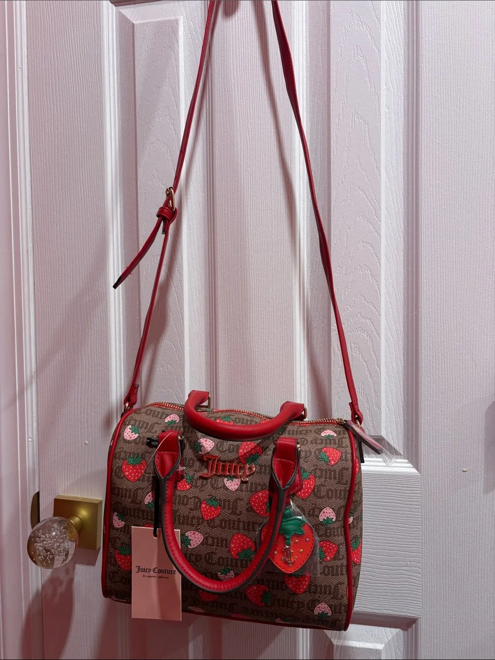 BNWT JUICY COUTURE Brown Logo Satchel with Red Strawberry Print